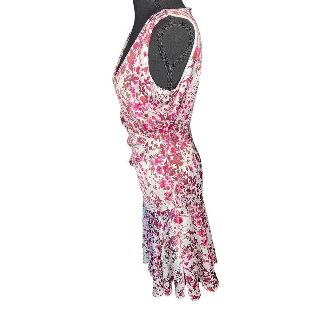 Taylor Floral Satin Midi Dress Women 4 pink Ruched Asymmetrical Handkerchief Hem - Picture 4 of 10
